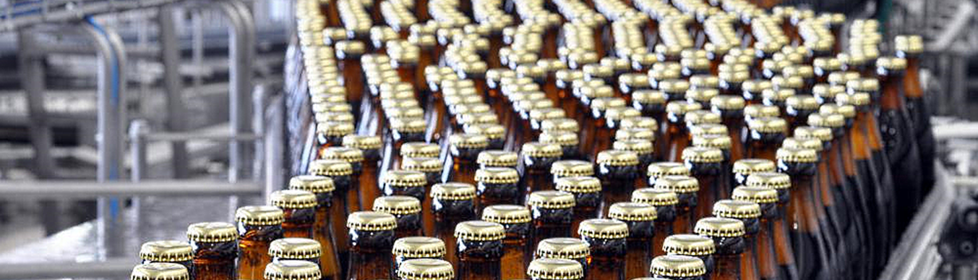 Topbillede af ølflasker på transportbånd i produktionen