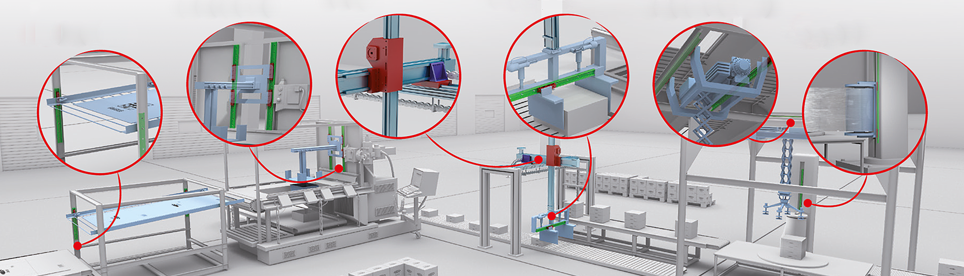 Topbillede med produktionslinje og næroptagelser af forskellige aktuator løsninger
