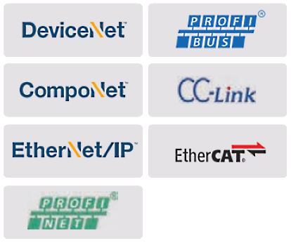 Fieldbus Logo: DeviceNet, ProfiBus, CompoNet, CC-Link, EtherNet/IP, EtherCAT og ProfiNet