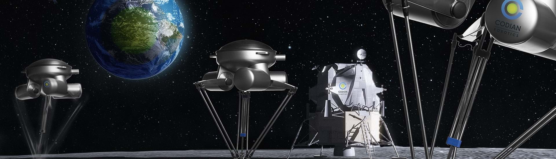 Topbillede viser Delta Robotter med universet som baggrund
