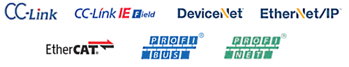 Logo: CC-Link, CC-Link IE, DeviceNet, EtherNet/IP, EtherCAT, ProfiBus og ProfiNet
