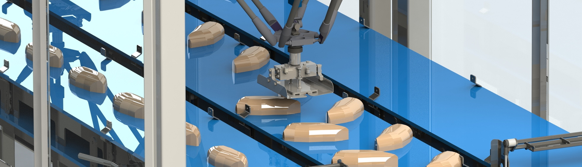 Topbillede der grafisk viser nærbillede af Delta Robot der flytter emner i en maskine