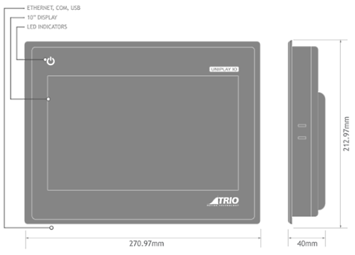 Målskitse for HMI 10" panel: h212,40 x d40,0 x b270,97 mm