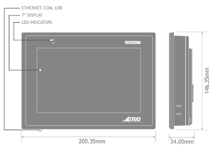 Målskitse for HMI 7" panel: h146,35 x d34,0 x b200,35 mm