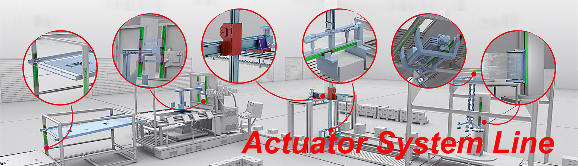 Topbillede med produktionslinje og detajlbilleder af aktuatorløsninger på linjen