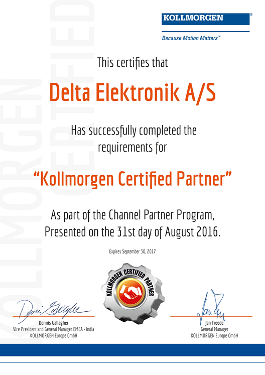 This certifies that Delta Elektronik has successfully completed the requirements for "Kollmorgen Certified Partner"