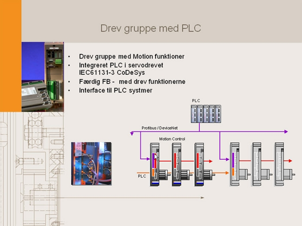 Illustration af drev-gruppe med PLC system med fakta og tegning af netværknetværk