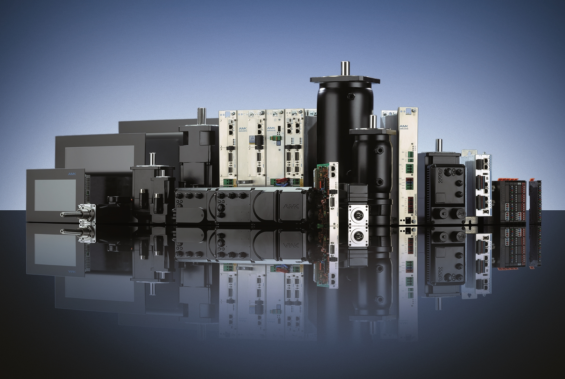 Topbillede viser AMK's brede program inden for servoteknik