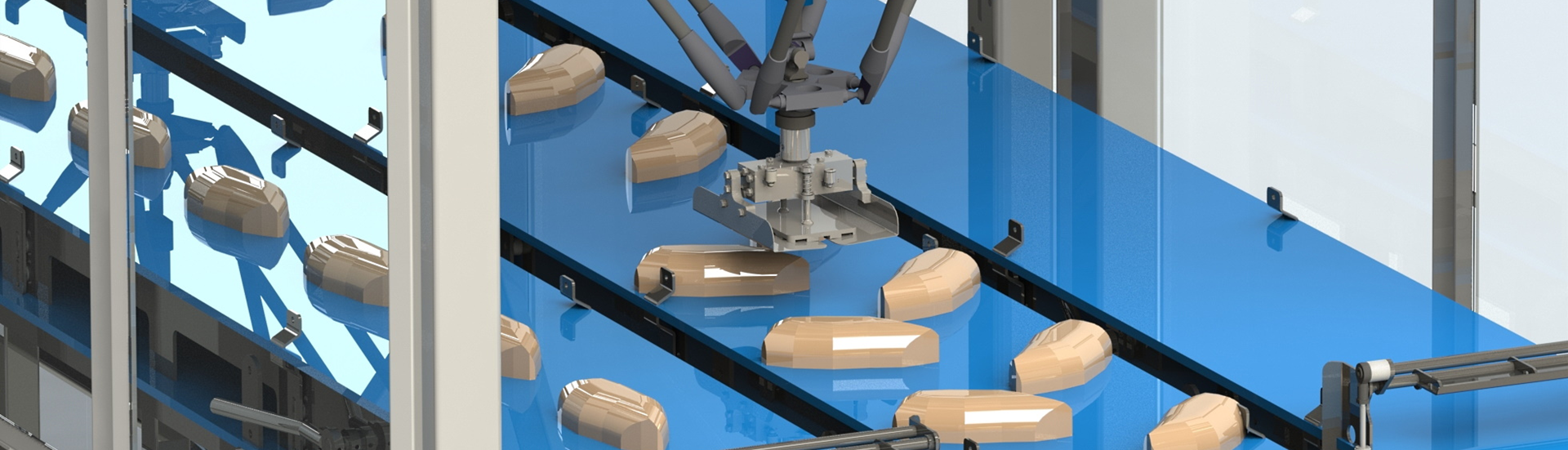 Topbillede der grafisk viser nærbillede af Delta Robot der flytter emner i en maskine