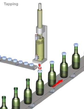 Illustration af et stationært lukkesystem hvor kapsler skrues på flasker