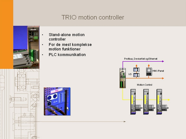Illustration af Trio motion controller med fakta og tegning af netværk