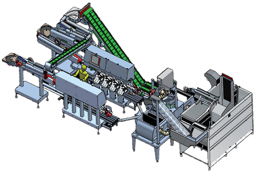 Komplet tegning af en produktionsmaskine med conveyor