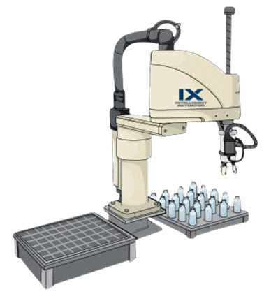 Grafisk billede af IX SCARA robot der flytter små flasker